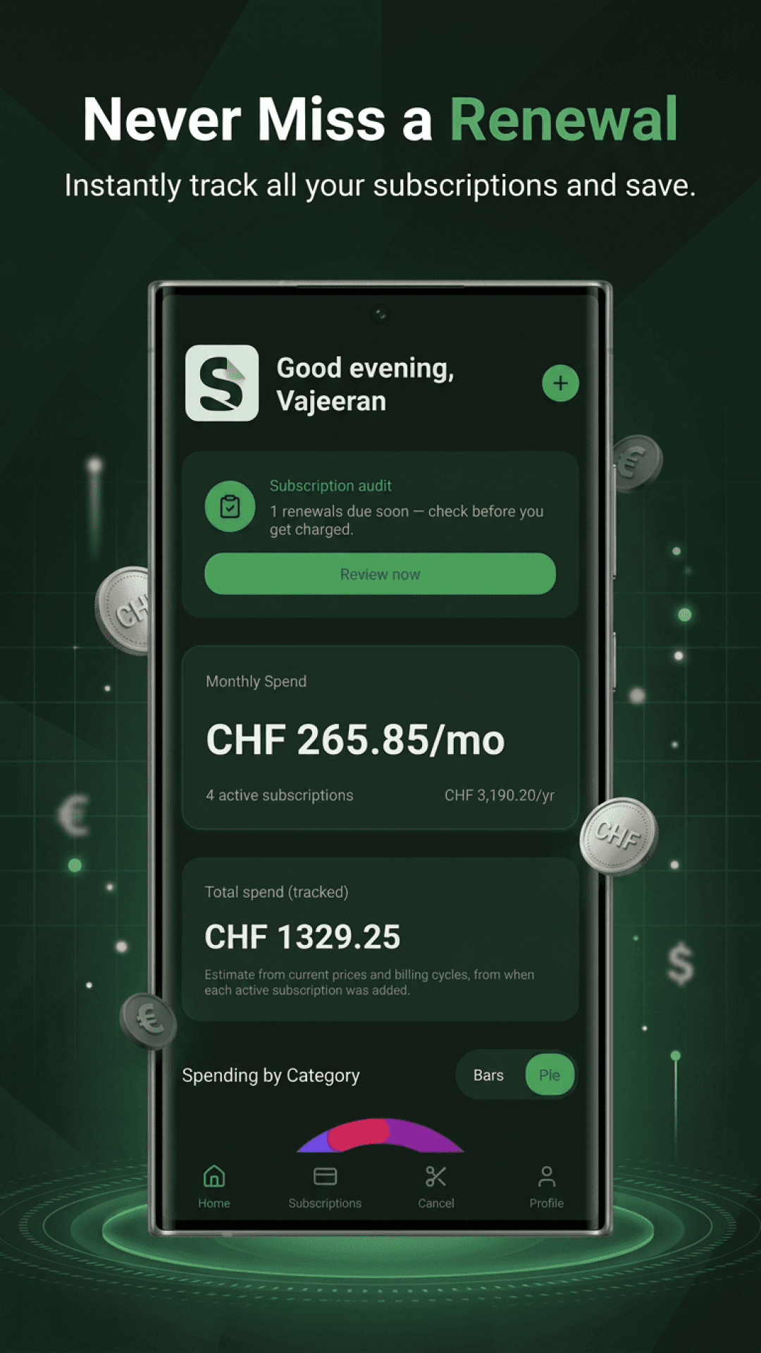 SubSnip renewal tracking dashboard